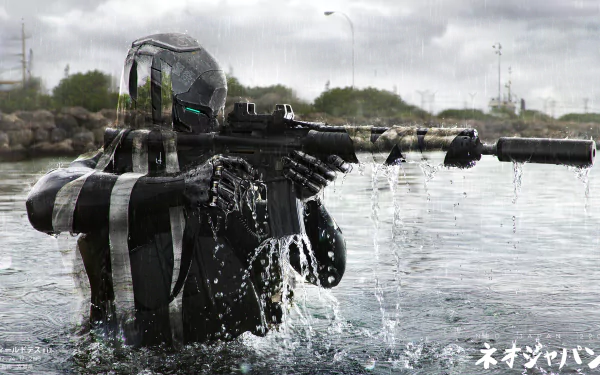 A futuristic warrior emerges from water in a sci-fi setting, featuring a sleek design and armed stance, representing the Neo Japan 2202 theme. High-definition wallpaper for an immersive background.