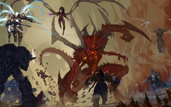 An epic HD wallpaper featuring characters from Warcraft and Diablo, including Tychus Findlay, Sylvanas Windrunner, and Malthael battling a massive demon in a dramatic landscape.