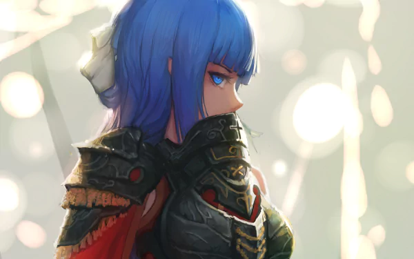 HD desktop wallpaper featuring a blue-haired anime character in armor, set against a dreamy background with soft lights. Part of the Pixiv Fantasia T collection.