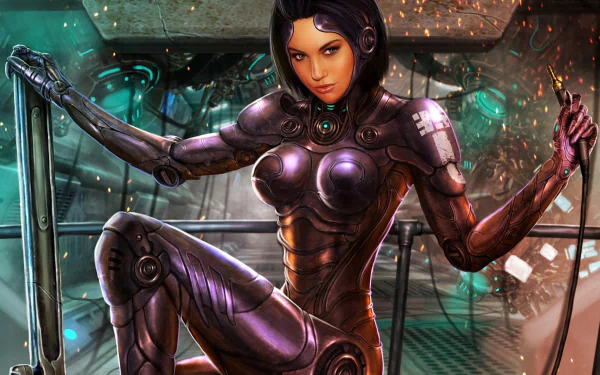 A striking sci-fi cyborg with dark hair and sleek metallic armor poses confidently amidst a futuristic backdrop, captured in vibrant 4K Ultra HD detail for a stunning desktop wallpaper.