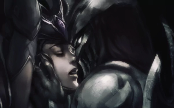 Monochrome HD desktop wallpaper featuring Zed and Syndra from League of Legends in a close, intense moment.