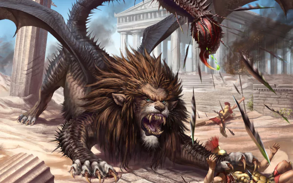 A fierce manticore with wings and a lion’s mane battles warriors amid ancient ruins in this detailed 4K Ultra HD fantasy PC desktop wallpaper.