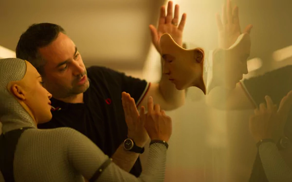 4K Ultra HD PC desktop wallpaper: scene from the movie Ex Machina — a man inspects a lifelike female android, her face reflected in glass as their hands meet.