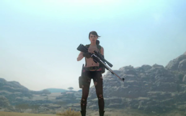 A striking HD wallpaper featuring Quiet from Metal Gear Solid V: The Phantom Pain, standing confidently with her sniper rifle against a vast desert landscape.