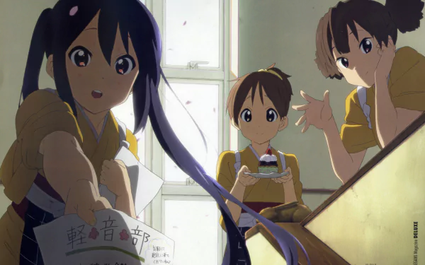 8K Ultra HD wallpaper featuring Azusa Nakano, Ui Hirasawa, and Jun Suzuki from the anime K-ON! in a bright room, highlighting their detailed character designs and expressions.