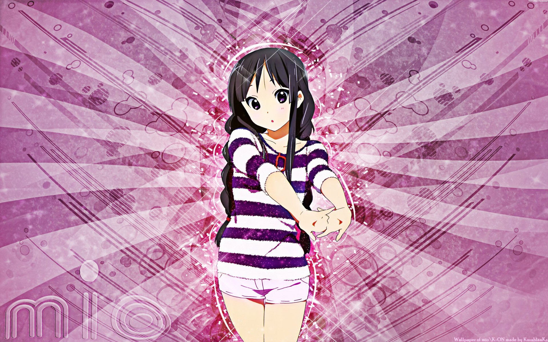 HD PC desktop wallpaper featuring Mio Akiyama from the anime K-ON! in a striped shirt and white shorts against a dynamic pink and purple background.