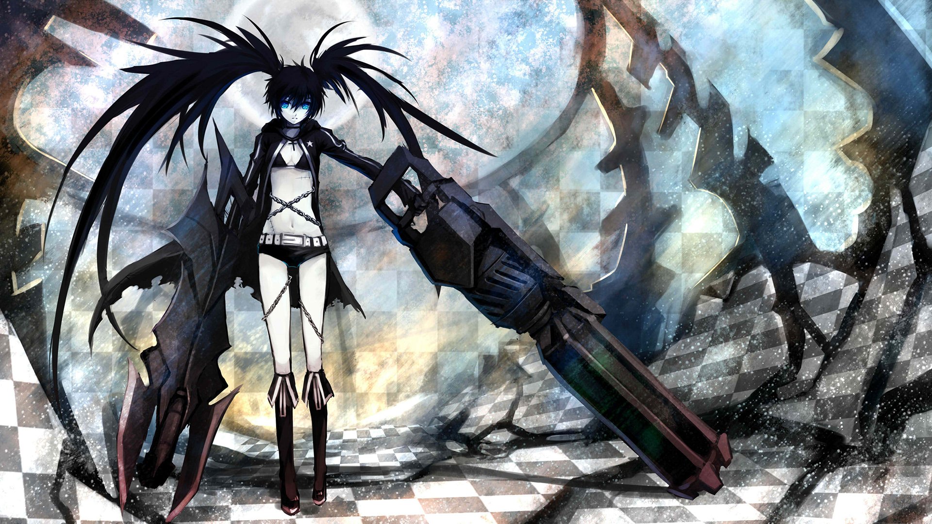 Anime-themed HD desktop wallpaper featuring Black Rock Shooter, showcasing a character with striking black hair and a large weapon in a dynamic, abstract background.