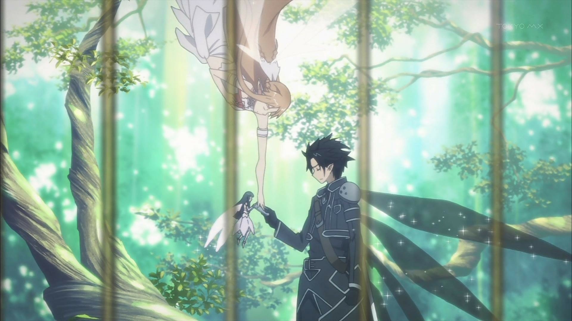 A vibrant HD wallpaper featuring Yui, Asuna Yuuki, and Kirito from Sword Art Online, set in a lush, enchanting forest with ethereal lighting and magical elements.