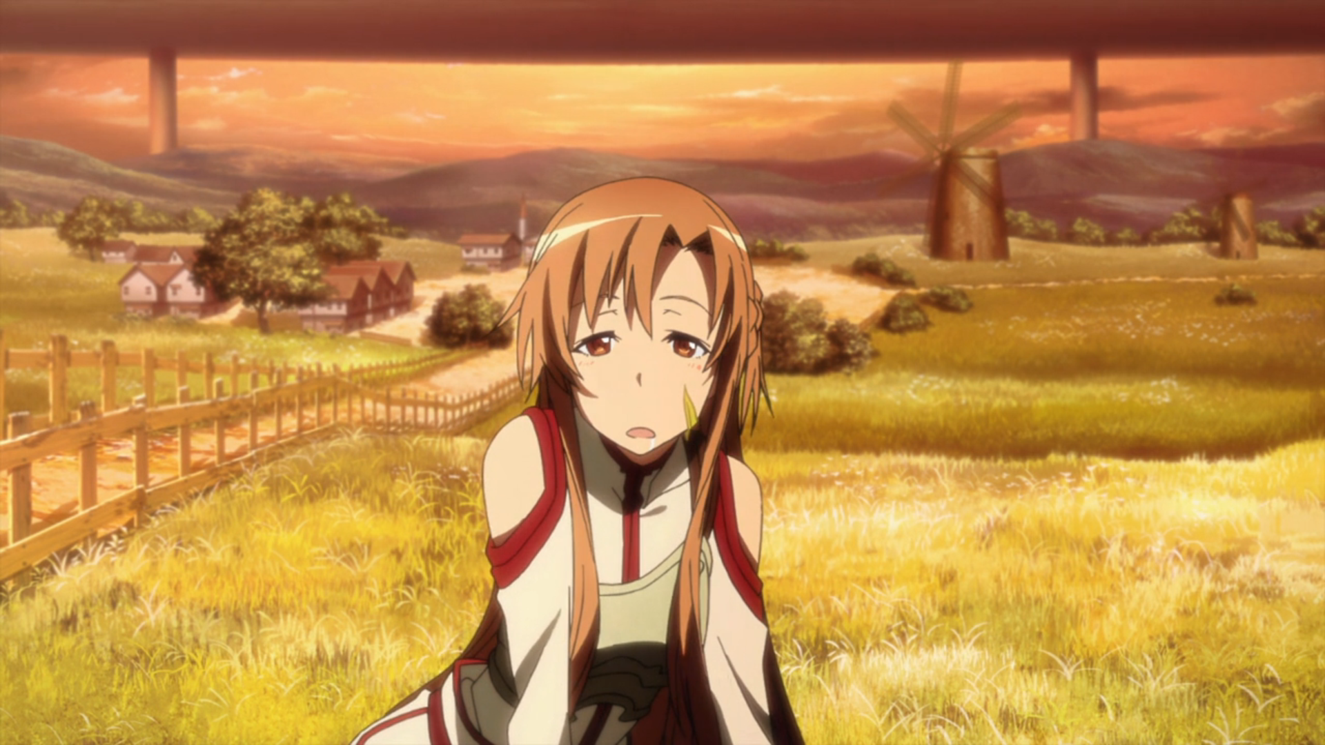 Asuna Yuuki from Sword Art Online sits pensively in a vibrant, grassy landscape under a stunning sunset, making this HD wallpaper a striking addition to any desktop.