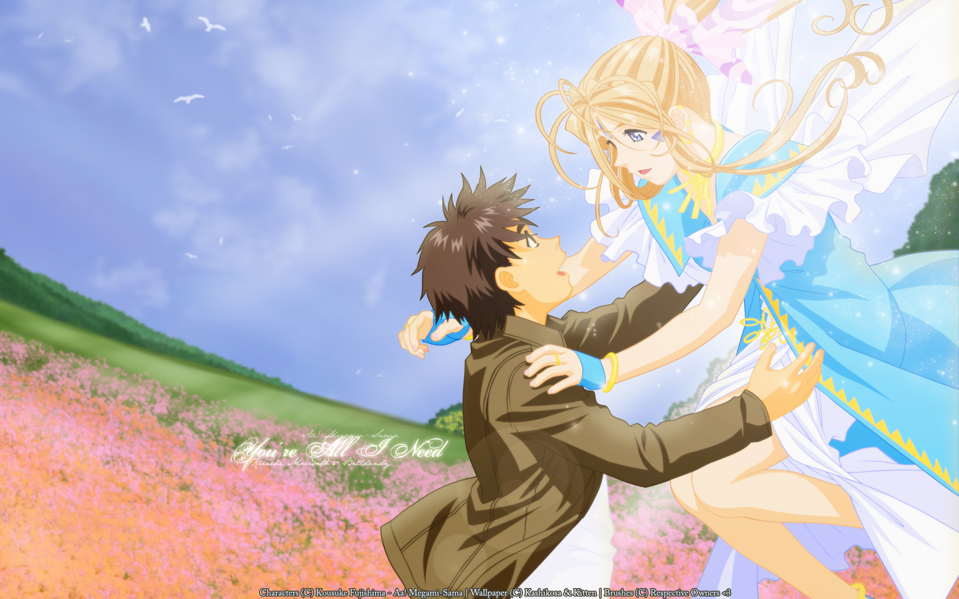 HD anime wallpaper featuring Keiichi Morisato lifting Belldandy from Ah! My Goddess, set against a bright sky and colorful flower field background.