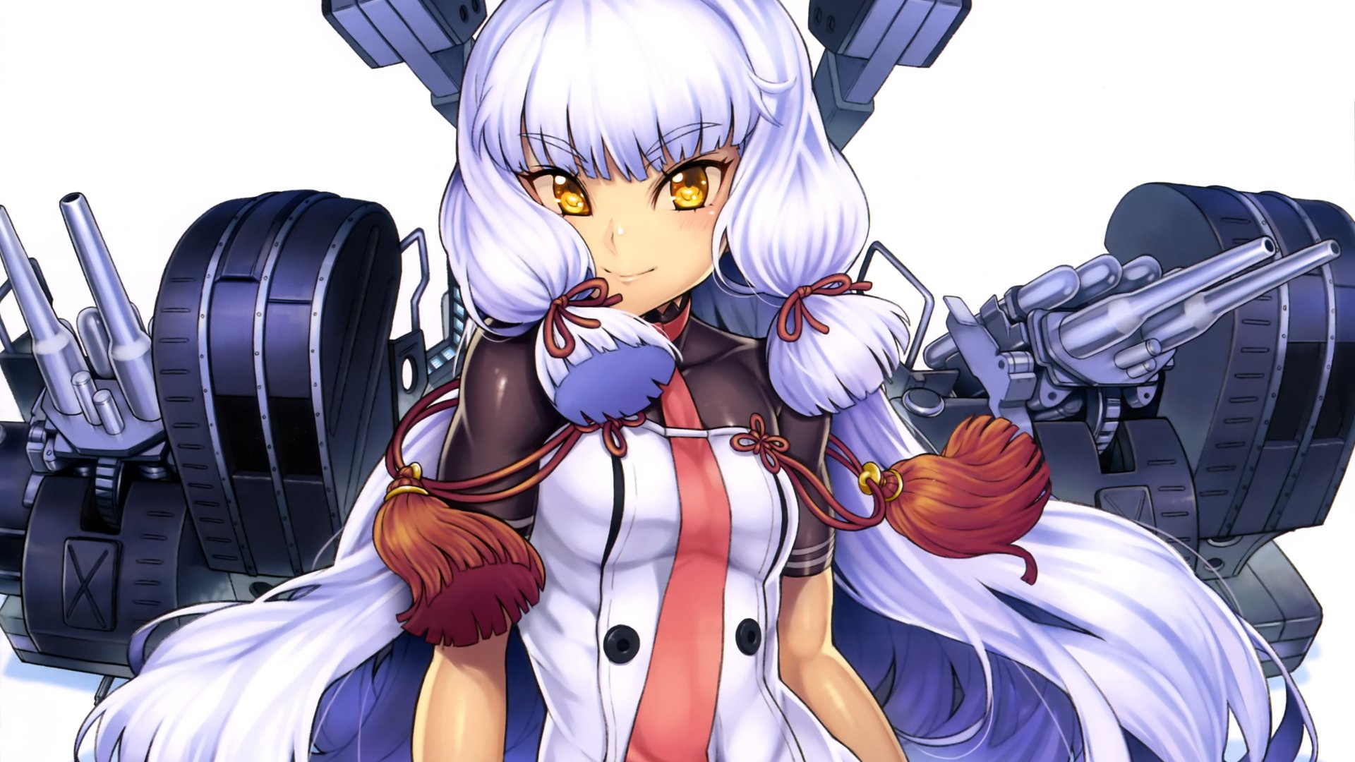 Kantai Collection anime character with long white hair, golden eyes and red-trimmed naval uniform, flanked by heavy battleship turrets — 4K Ultra HD PC desktop wallpaper background.