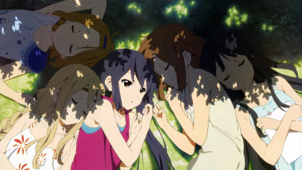 HD PC wallpaper featuring Azusa Nakano, Tsumugi Kotobuki, Ritsu Tainaka, Yui Hirasawa, and Mio Akiyama from the anime K-ON! resting together under dappled sunlight.