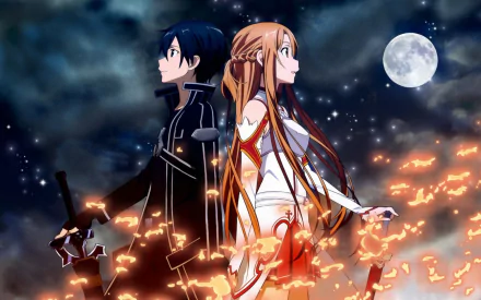 HD desktop wallpaper featuring Asuna Yuuki and Kirito from Sword Art Online, set against a starry night sky with a full moon and glowing sparks.