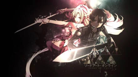 HD desktop wallpaper featuring Asuna Yuuki and Kirito from Sword Art Online, showcasing dynamic poses and vibrant colors, with the anime's logo in the bottom right corner.