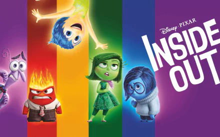 Colorful desktop wallpaper featuring characters Fear, Disgust, Anger, Sadness, and Joy from Pixar's movie Inside Out. Bright visuals capture the film's emotional themes.