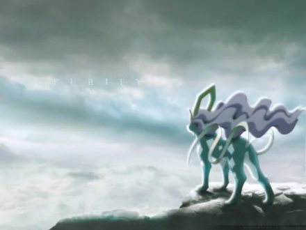 HD desktop wallpaper featuring Suicune, a legendary Pokémon character from the anime series, standing majestically on a cliff with a cloudy sky background and the word PURIFY in the sky.