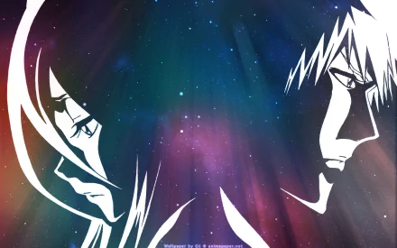 HD desktop wallpaper featuring Rukia Kuchiki and Ichigo Kurosaki from the anime Bleach, set against a colorful, starry background.
