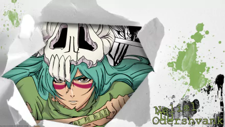 HD anime desktop wallpaper featuring Nelliel Tu Odelschwanck from Bleach, shown with her iconic skull helmet and teal hair against a torn paper and paint splatter background.