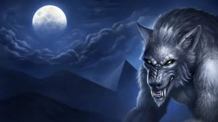 A dark werewolf stands menacingly against a moonlit night, set in a mysterious landscape, creating an eerie atmosphere for a 4K Ultra HD desktop wallpaper.