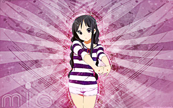 HD PC desktop wallpaper featuring Mio Akiyama from the anime K-ON! in a striped shirt and white shorts against a dynamic pink and purple background.