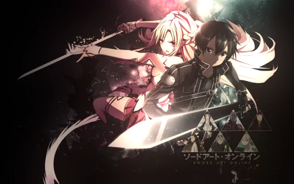 HD desktop wallpaper featuring Asuna Yuuki and Kirito from Sword Art Online, showcasing dynamic poses and vibrant colors, with the anime's logo in the bottom right corner.