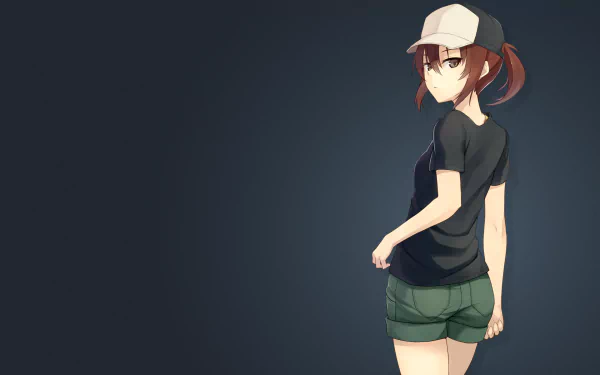 HD PC desktop wallpaper featuring an anime character from A Certain Scientific Railgun, standing against a dark gradient background with a casual outfit and cap.