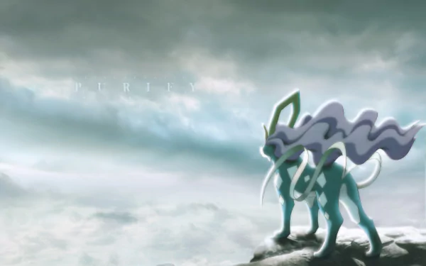 HD desktop wallpaper featuring Suicune, a legendary Pokémon character from the anime series, standing majestically on a cliff with a cloudy sky background and the word PURIFY in the sky.