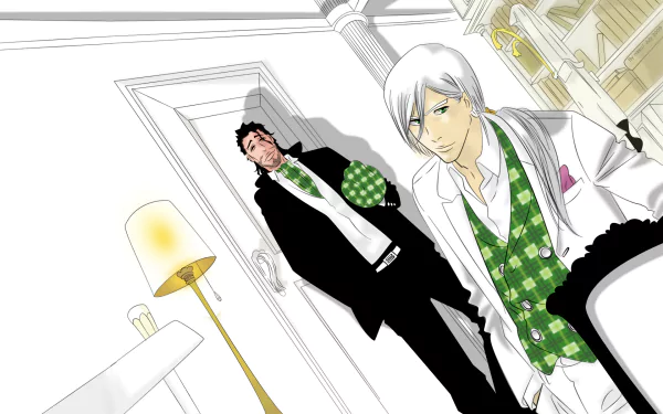 HD PC desktop wallpaper featuring Jūshirō Ukitake and Shunsui Kyōraku from the anime Bleach, dressed in formal attire with a stylish, modern interior backdrop.