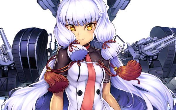 Kantai Collection anime character with long white hair, golden eyes and red-trimmed naval uniform, flanked by heavy battleship turrets — 4K Ultra HD PC desktop wallpaper background.