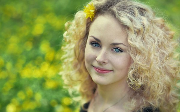 Women Face Model Blonde Blue Eyes Bokeh Outdoor Curl Yellow Flower HD Wallpaper | Background Image