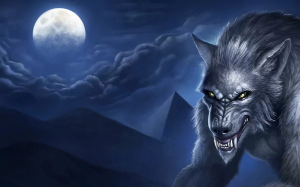 A dark werewolf stands menacingly against a moonlit night, set in a mysterious landscape, creating an eerie atmosphere for a 4K Ultra HD desktop wallpaper.