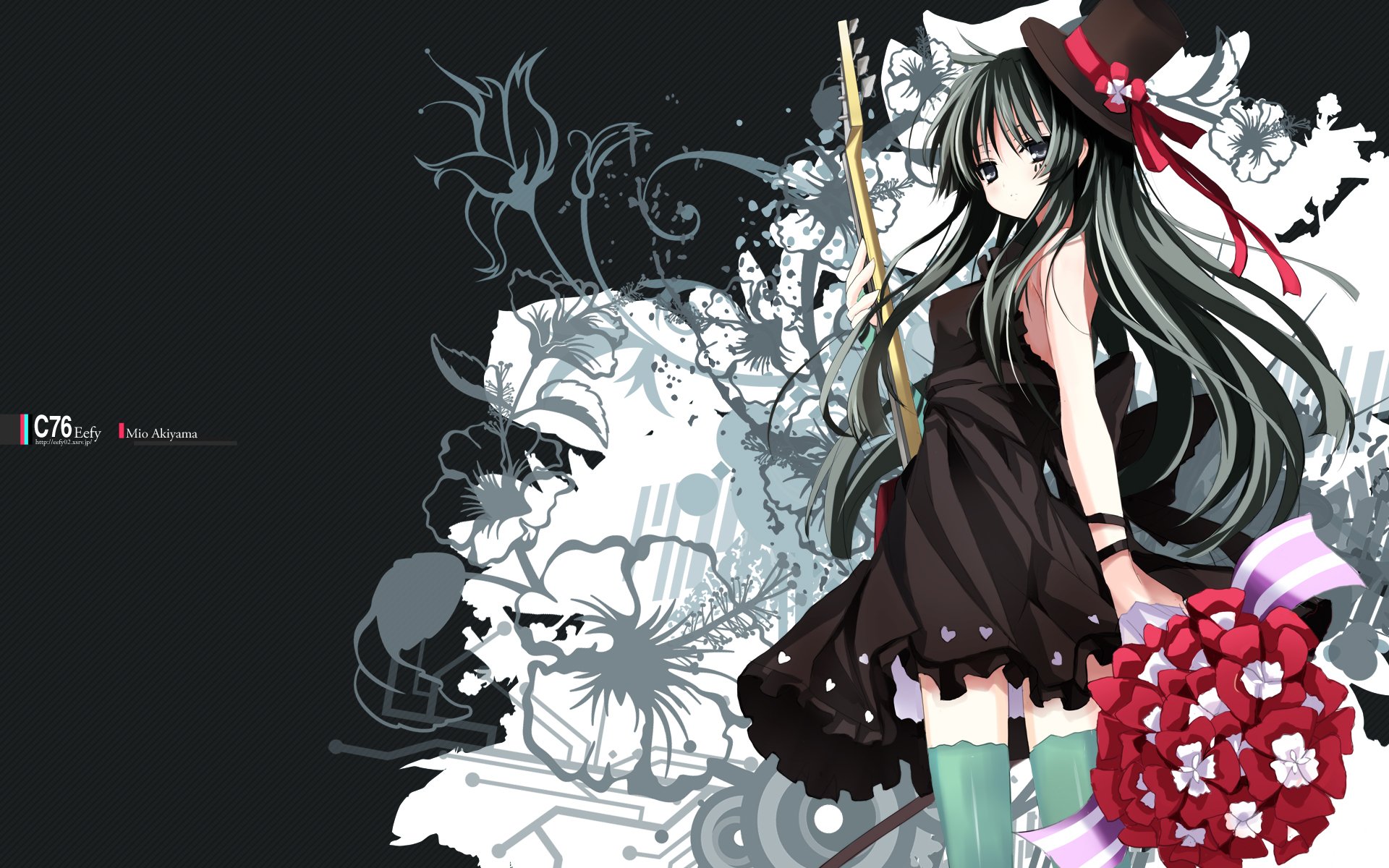 HD PC desktop wallpaper featuring Mio Akiyama from the anime K-ON!, depicted in a dark dress holding a bouquet and guitar against a floral and abstract background.