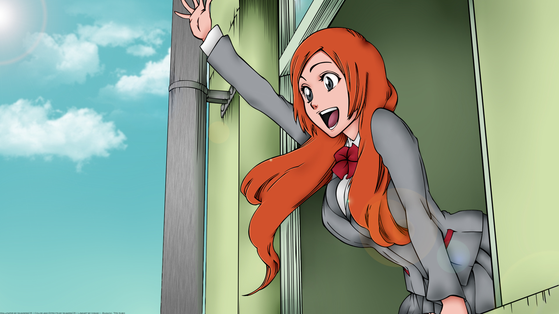 HD anime wallpaper featuring Orihime Inoue from Bleach, depicted with a joyful expression and flowing red hair against a clear sky background.