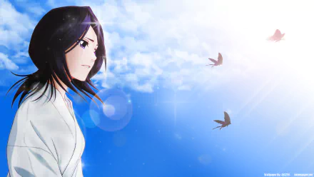 HD desktop wallpaper featuring Rukia Kuchiki from the anime Bleach. She gazes into the bright, blue sky with three butterflies in the background, emitting a tranquil and uplifting atmosphere.