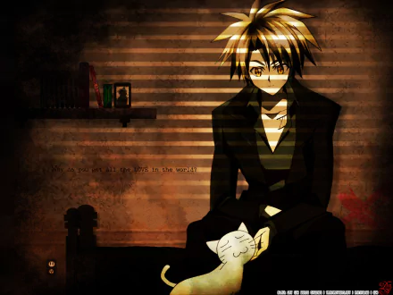 HD anime desktop wallpaper featuring a young man with spiky hair sitting with a black cat in a dimly lit room, inspired by Black Cat (Anime).