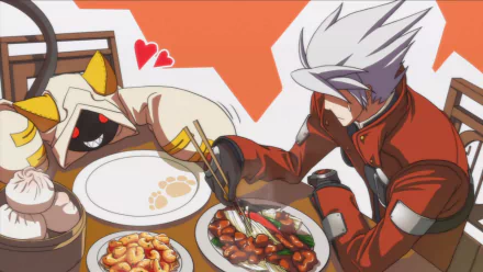 HD anime desktop wallpaper (BlazBlue) featuring Taokaka with plates of food and chopsticks at a table against a warm orange background.
