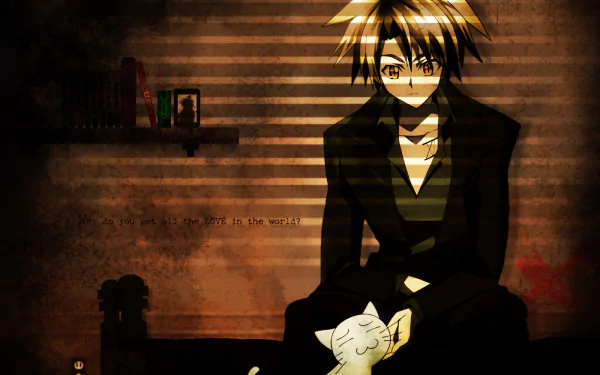 HD anime desktop wallpaper featuring a young man with spiky hair sitting with a black cat in a dimly lit room, inspired by Black Cat (Anime).