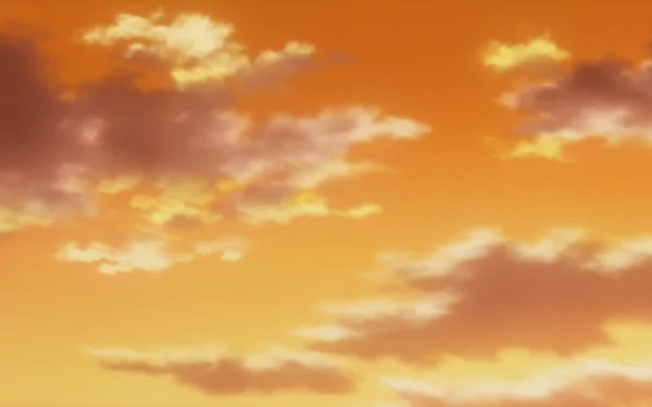 An HD desktop wallpaper featuring a vibrant anime sky with fluffy clouds beneath a warm, golden sunset, inspired by the aesthetic of Bakuman. Perfect backdrop for fans.