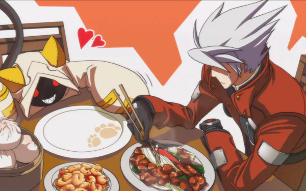 HD anime desktop wallpaper (BlazBlue) featuring Taokaka with plates of food and chopsticks at a table against a warm orange background.