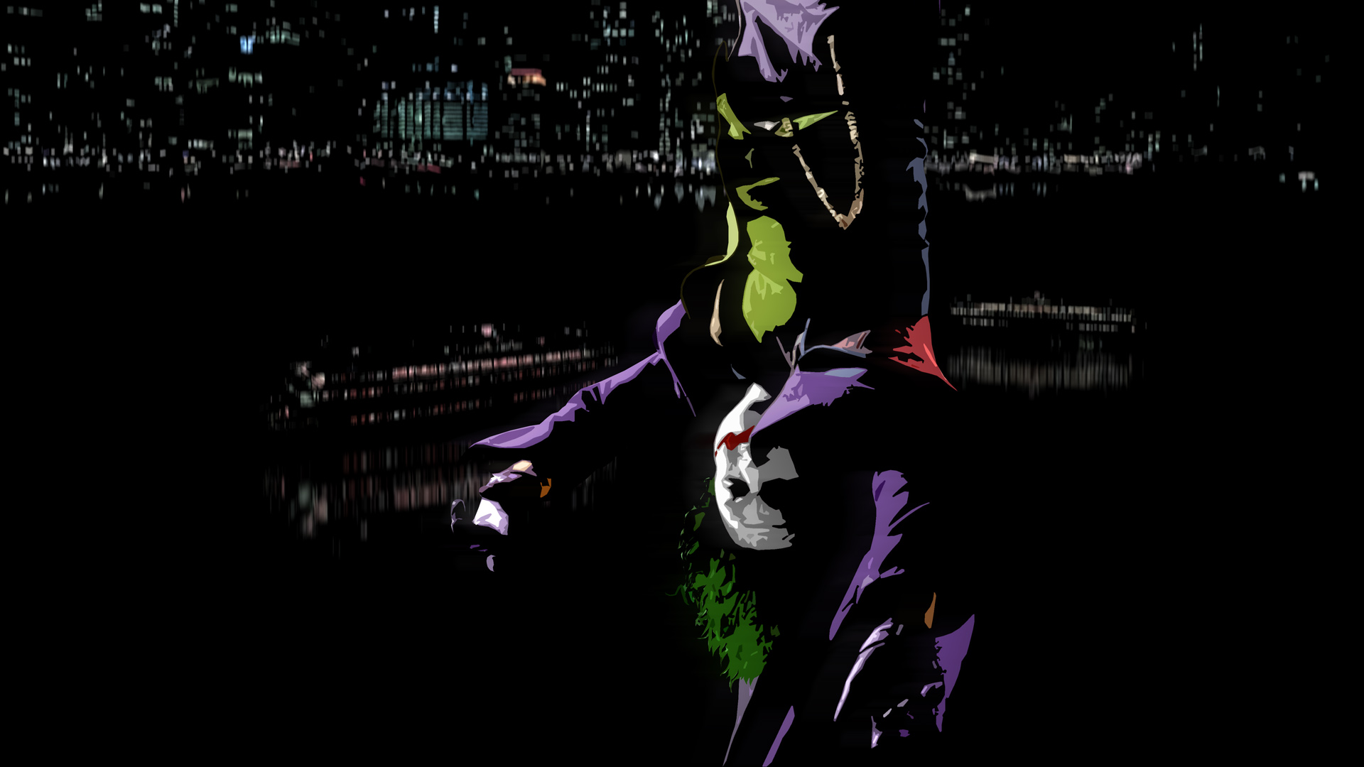 Colorful Joker sitting under a spotlight, wearing a purple suit and holding a playing card.
