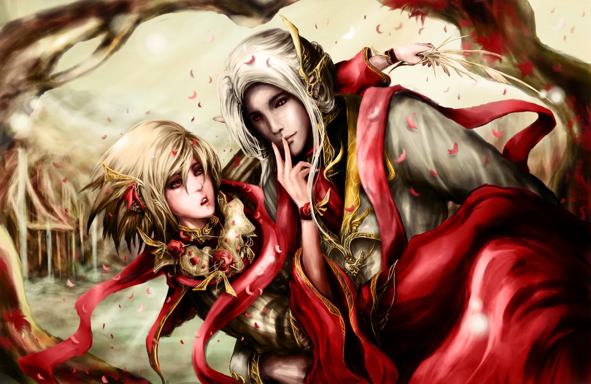 A 4K Ultra HD fantasy scene depicting two characters in elaborate attire sharing a tender, intimate moment framed by falling petals and soft, glowing light.