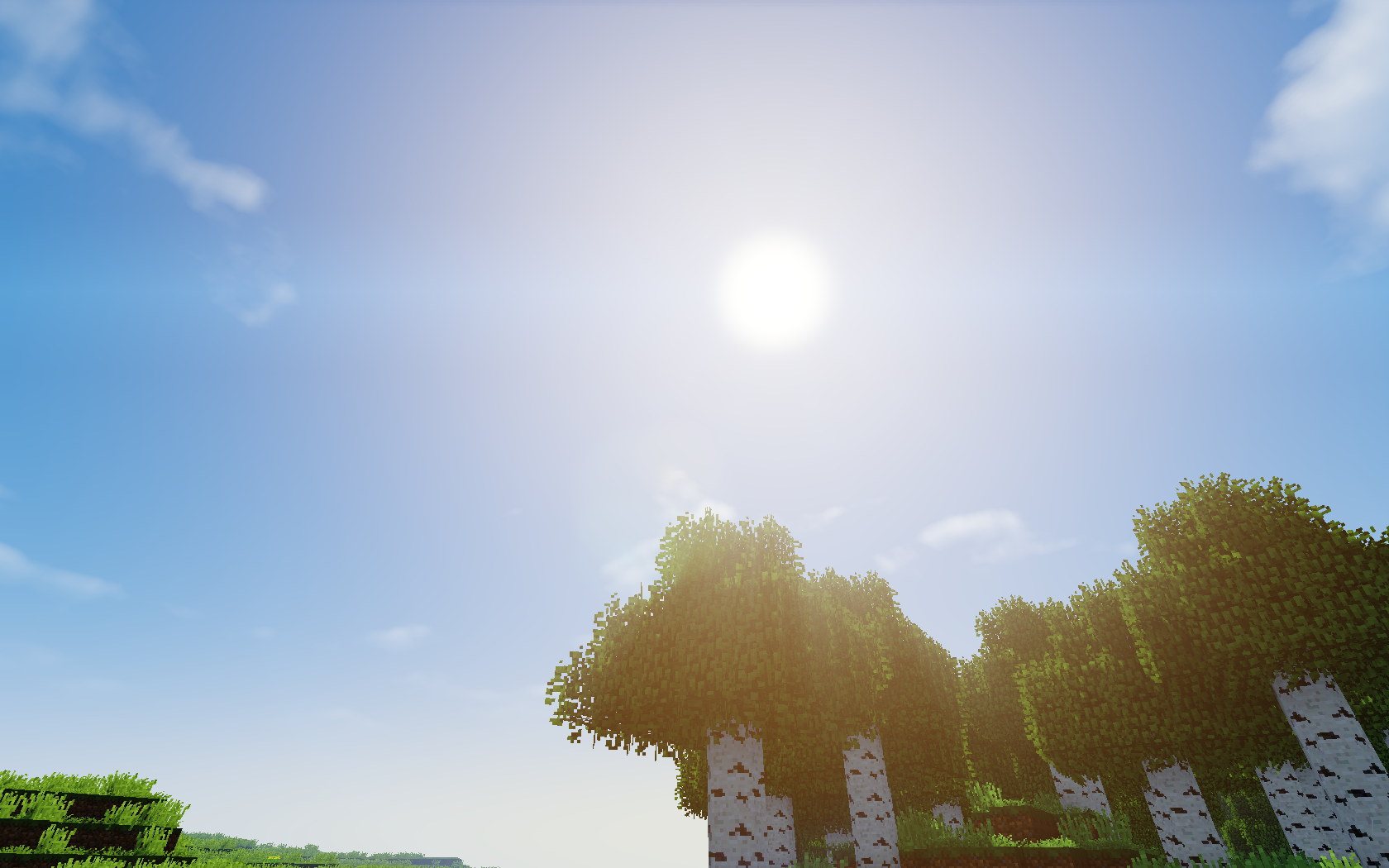 HD Minecraft PC desktop wallpaper showing a bright sun over a blocky landscape with birch trees under a clear blue sky.