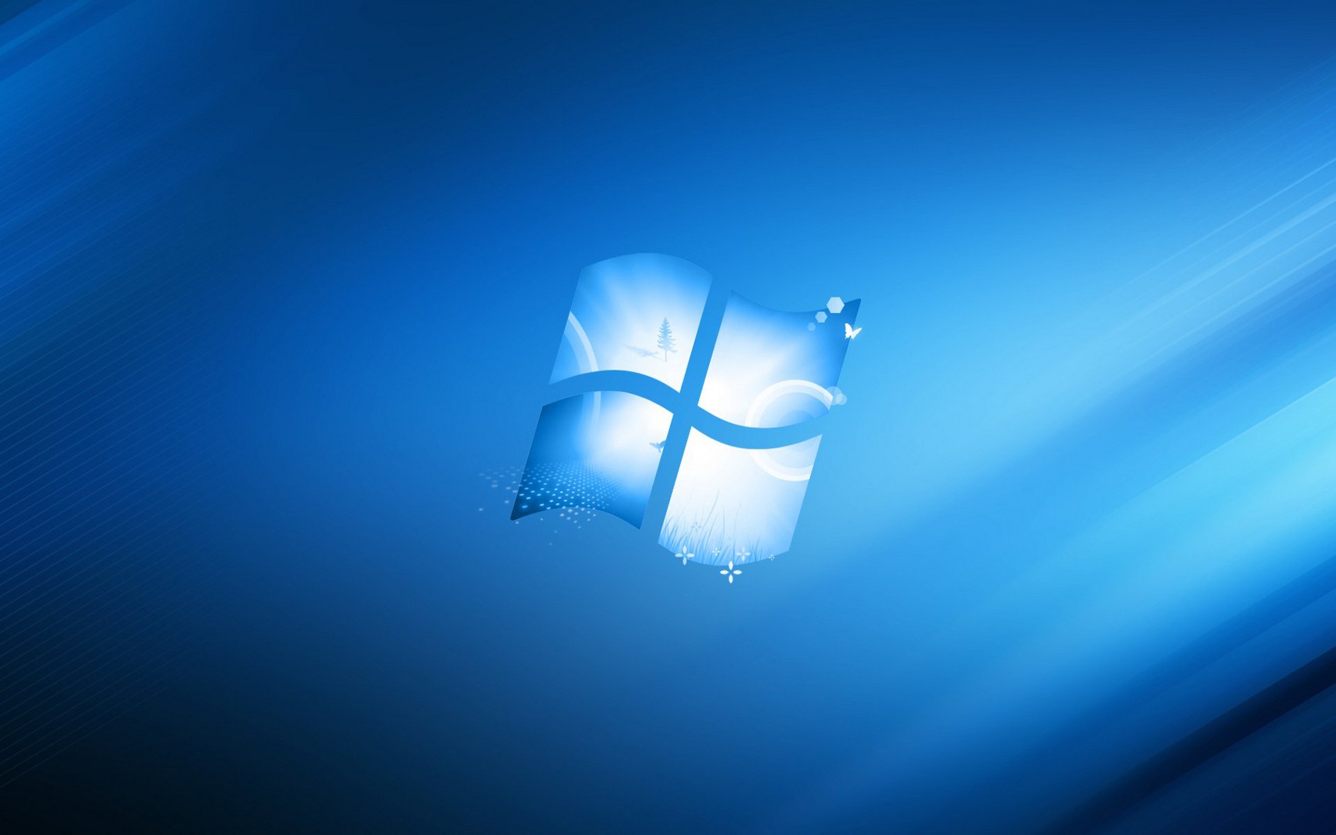 HD PC desktop wallpaper featuring the glowing Windows 7 logo set against a smooth blue technology-themed background.