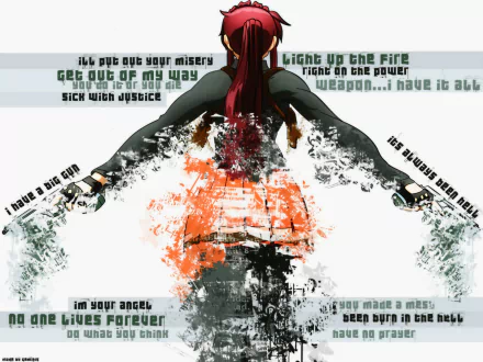 HD PC desktop wallpaper and background: Black Lagoon anime-style image of a red-haired gunwoman with arms outstretched holding twin pistols, grunge orange splatter and distressed text.