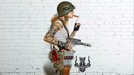 A stylish character from Fallout 4 stands against a brick wall, holding a weapon and a cigarette, showcasing a bold post-apocalyptic aesthetic in this HD desktop wallpaper.
