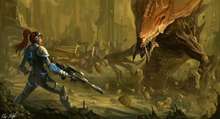 A fierce woman warrior, armed with a gun, confronts a menacing alien creature in a Sci-Fi landscape, inspired by Sarah Kerrigan from the Starcraft video game series.