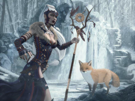 A fantasy witch with a staff stands beside a fox in a snowy landscape by a cascading waterfall, rendered in detailed 4K Ultra HD quality.