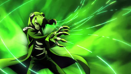 HD desktop wallpaper of Lubbock from the anime Akame ga Kill!, featuring dynamic green energy effects in the background.