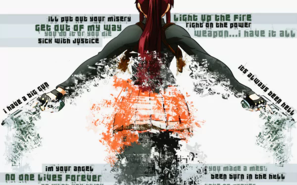 HD PC desktop wallpaper and background: Black Lagoon anime-style image of a red-haired gunwoman with arms outstretched holding twin pistols, grunge orange splatter and distressed text.