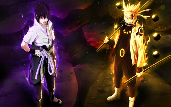 HD wallpaper featuring Sasuke Uchiha and Naruto Uzumaki from the anime Naruto, depicted in a dynamic and colorful battle scene.